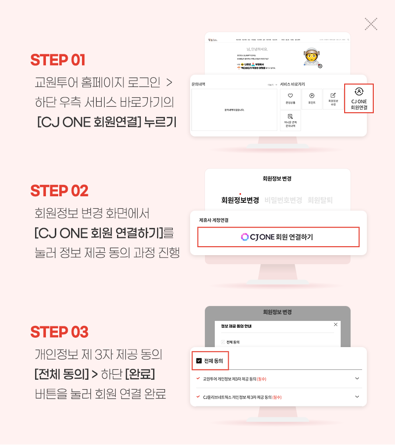 회원 연동 방법. 첫번째, 교원투어 홈페이지 로그인 후 마이페이지 내 CJ ONE 회원연결 누르기. 두번째, 정보 변경 화면에서 CJ ONE 회원 연결하기 눌러 정보 제공 동의 과정 진행. 세번째, 개인정보 제3자 제공 동의 전체 동의 체크 후 완료